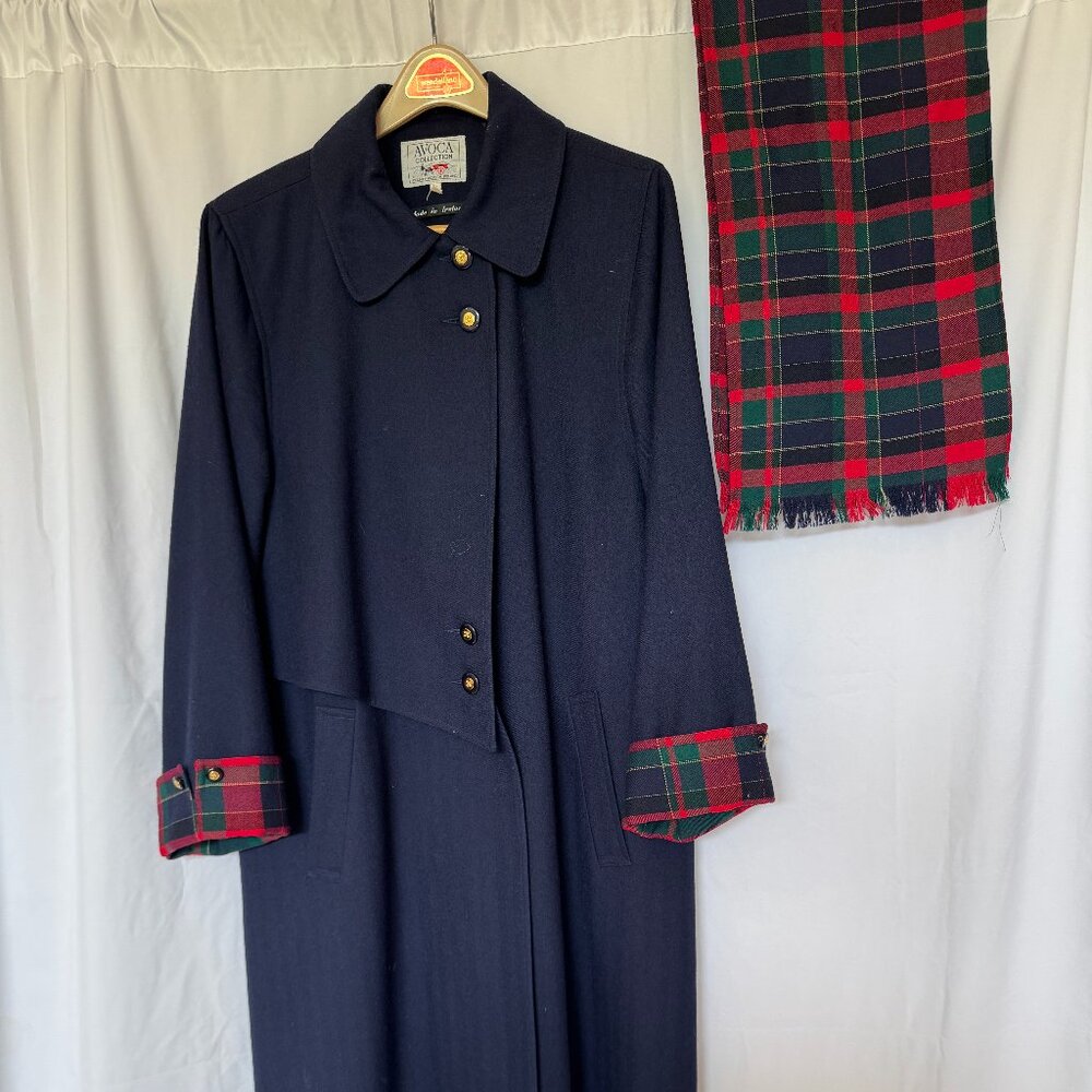 Avoca Collection Navy Long Wool Coat with Matching Tartan Scarf Women's Medium